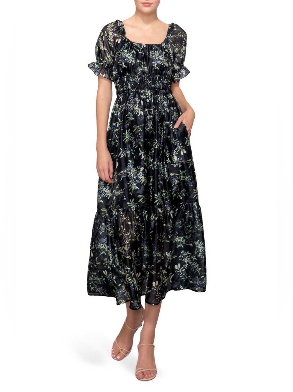 MELLODAY Black Floral Puff-Sleeve Midi Dress